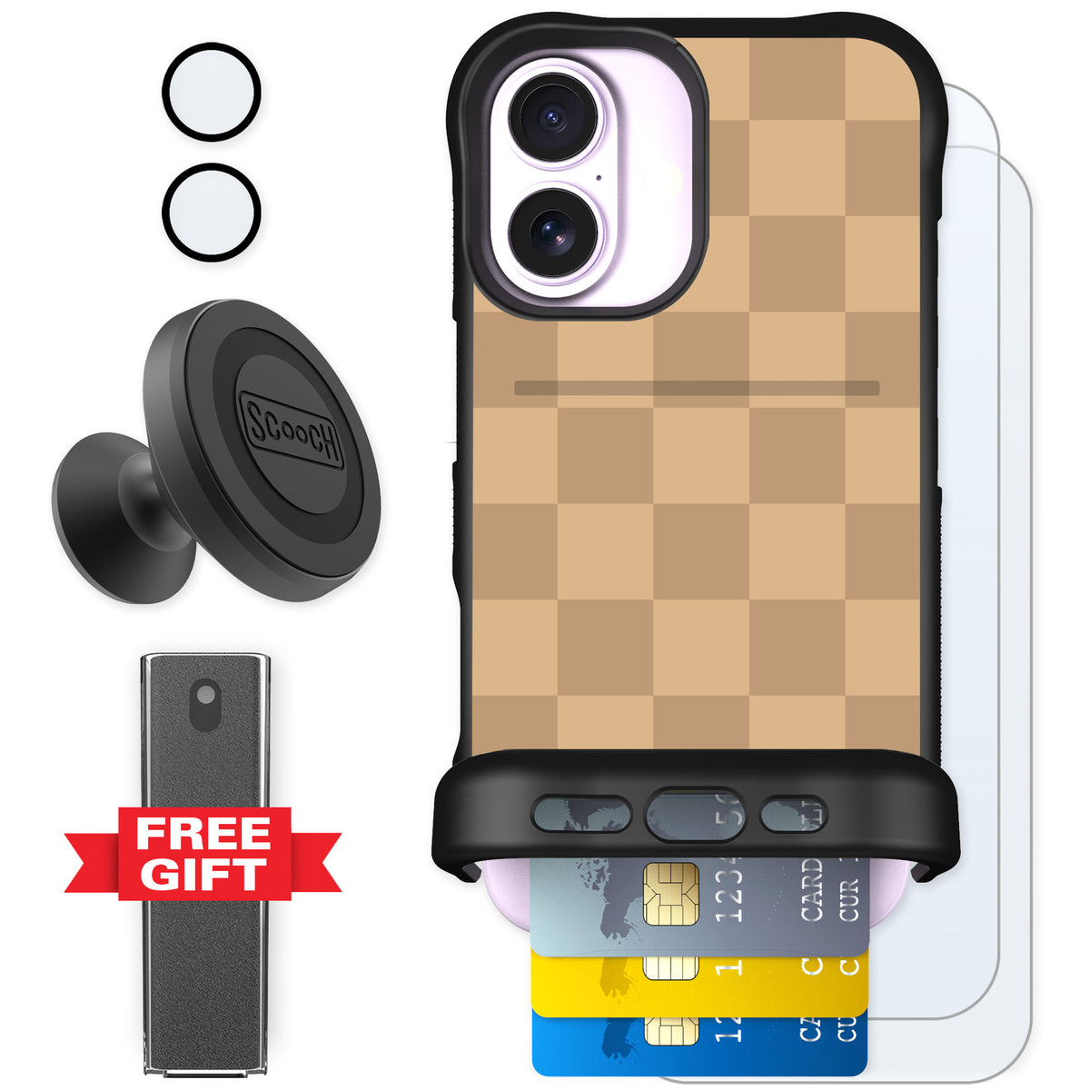 Scooch Wingmate Checkered Beige for iPhone 17 — Defender Bundle