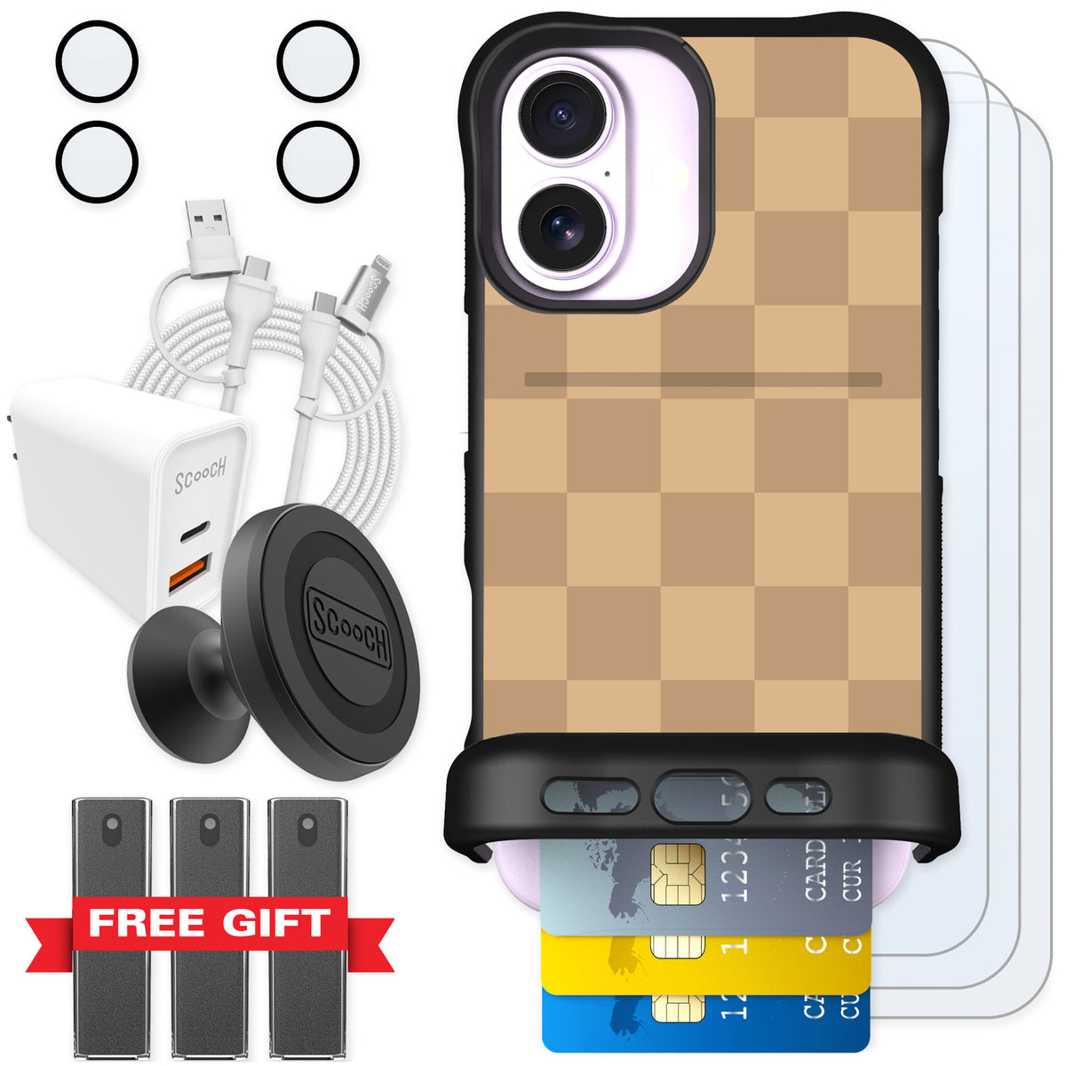 Scooch Wingmate Checkered Beige for iPhone 17 — Ultimate Bundle