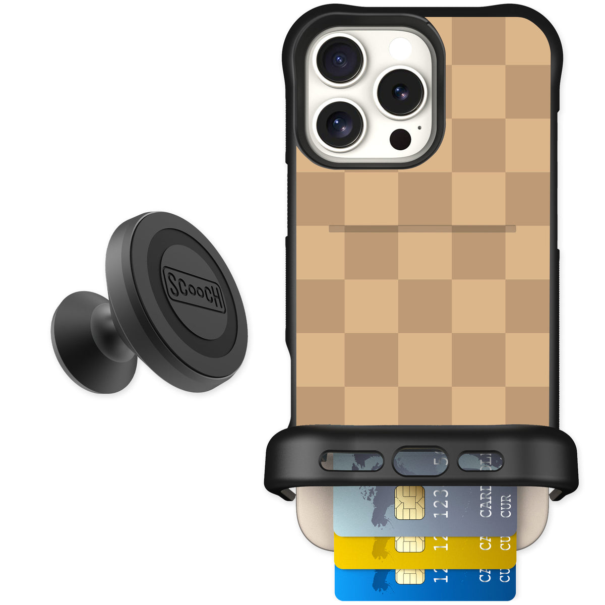 Scooch Wingmate Checkered Beige for iPhone 16 Pro Max — Starter Bundle