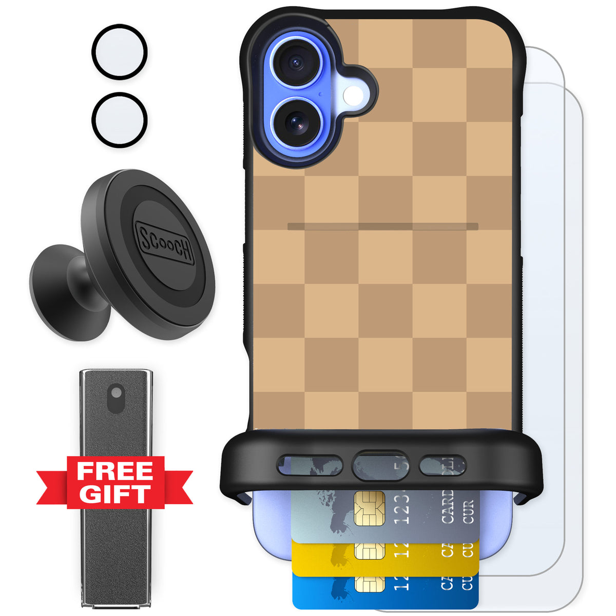 Scooch Wingmate Checkered Beige for iPhone 16 Plus — Defender Bundle
