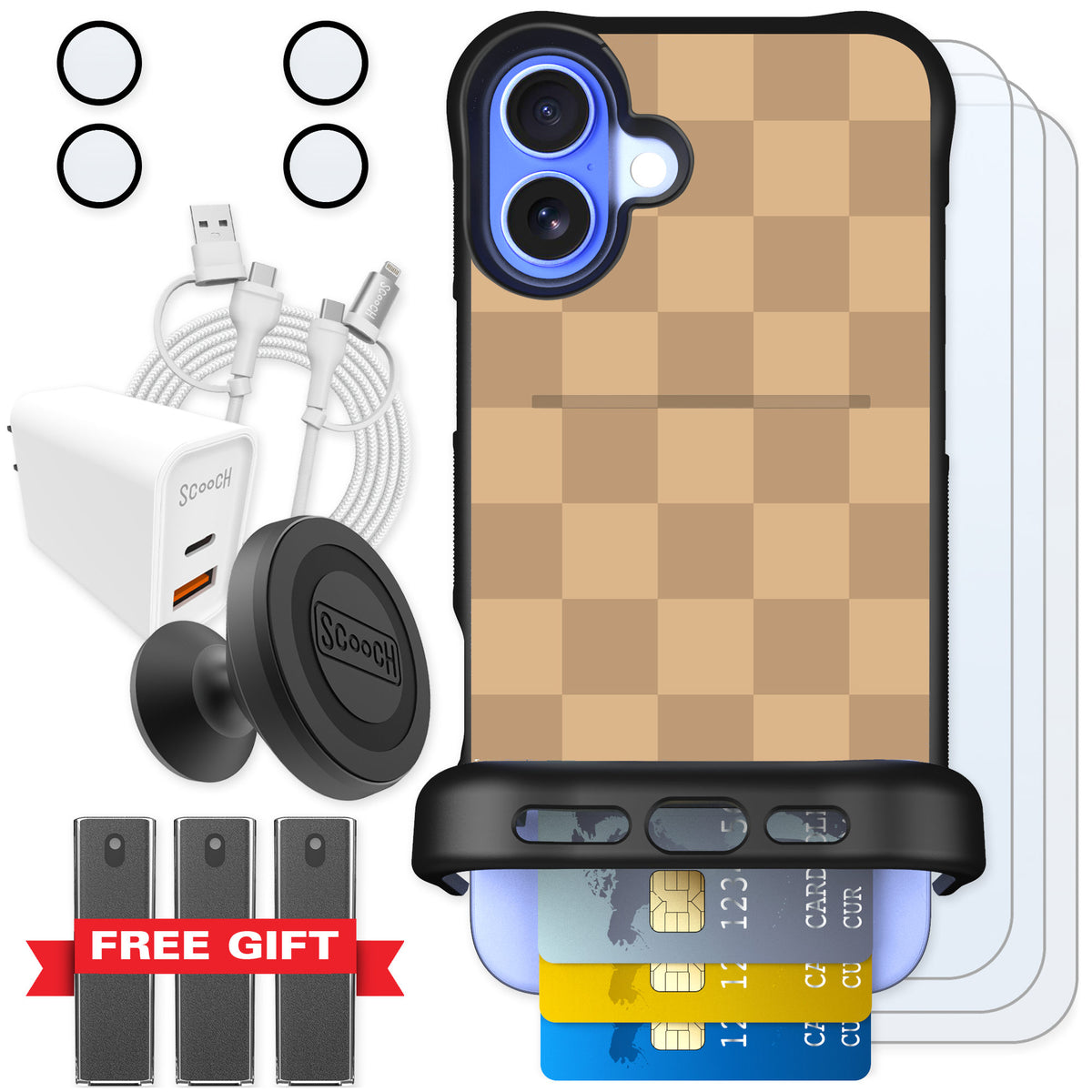 Scooch Wingmate Checkered Beige for iPhone 16 Plus — Ultimate Bundle
