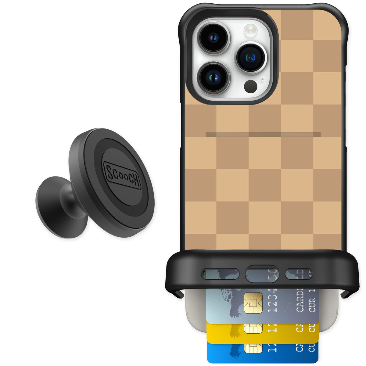 Scooch Wingmate Checkered Beige for iPhone 15 Pro Max — Starter Bundle