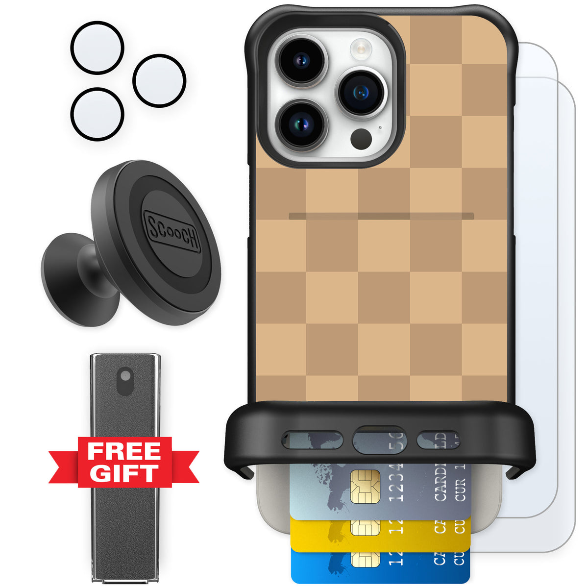 Scooch Wingmate Checkered Beige for iPhone 15 Pro Max — Defender Bundle