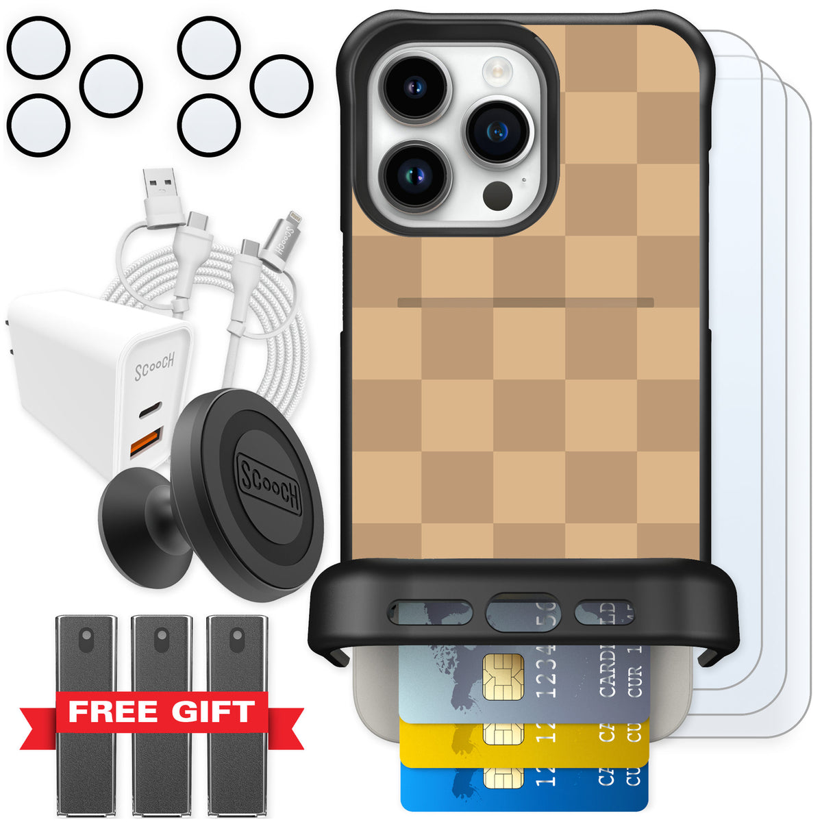 Scooch Wingmate Checkered Beige for iPhone 15 Pro Max — Ultimate Bundle