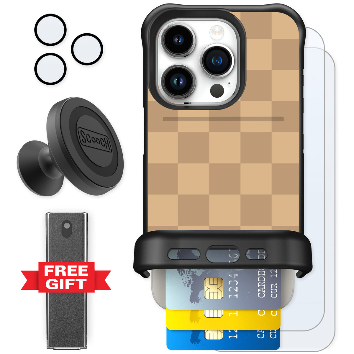 Scooch Wingmate Checkered Beige for iPhone 15 Pro — Defender Bundle