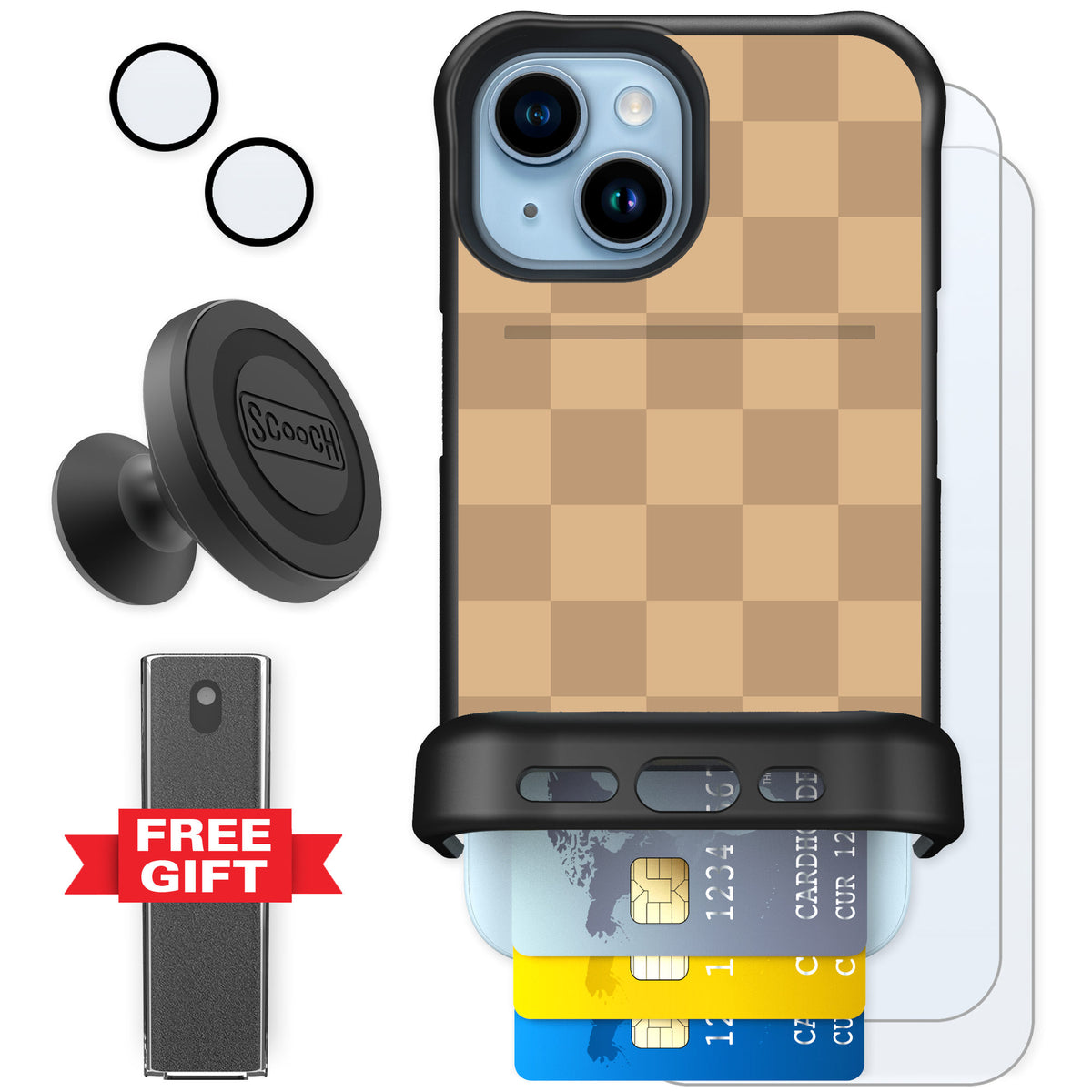 Scooch Wingmate Checkered Beige for iPhone 15 — Defender Bundle