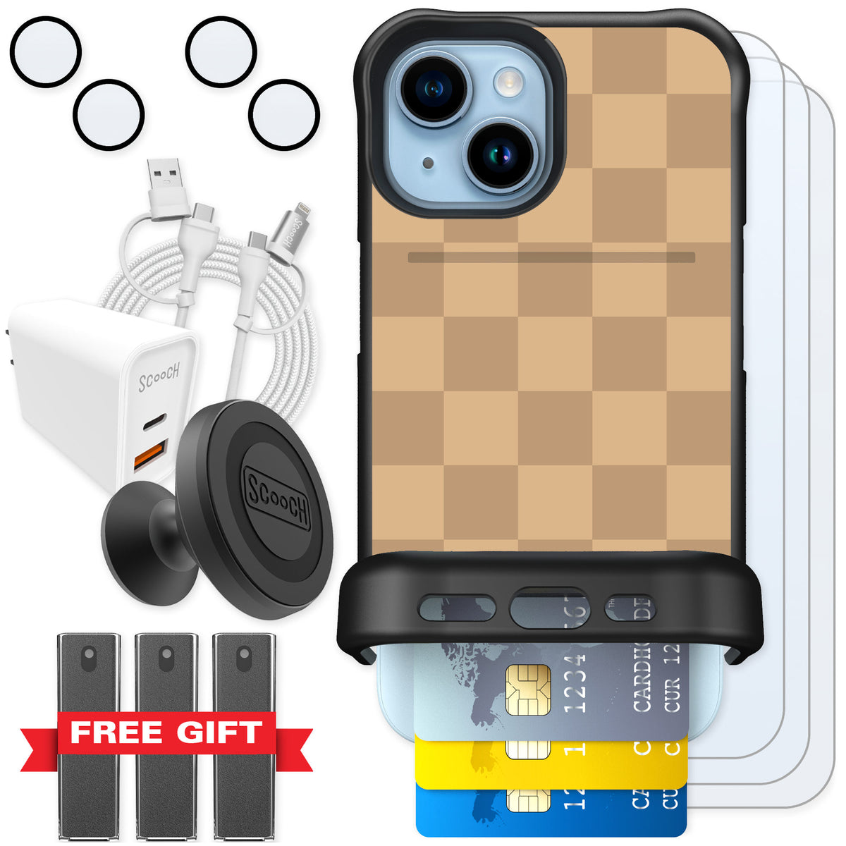 Scooch Wingmate Checkered Beige for iPhone 15 — Ultimate Bundle
