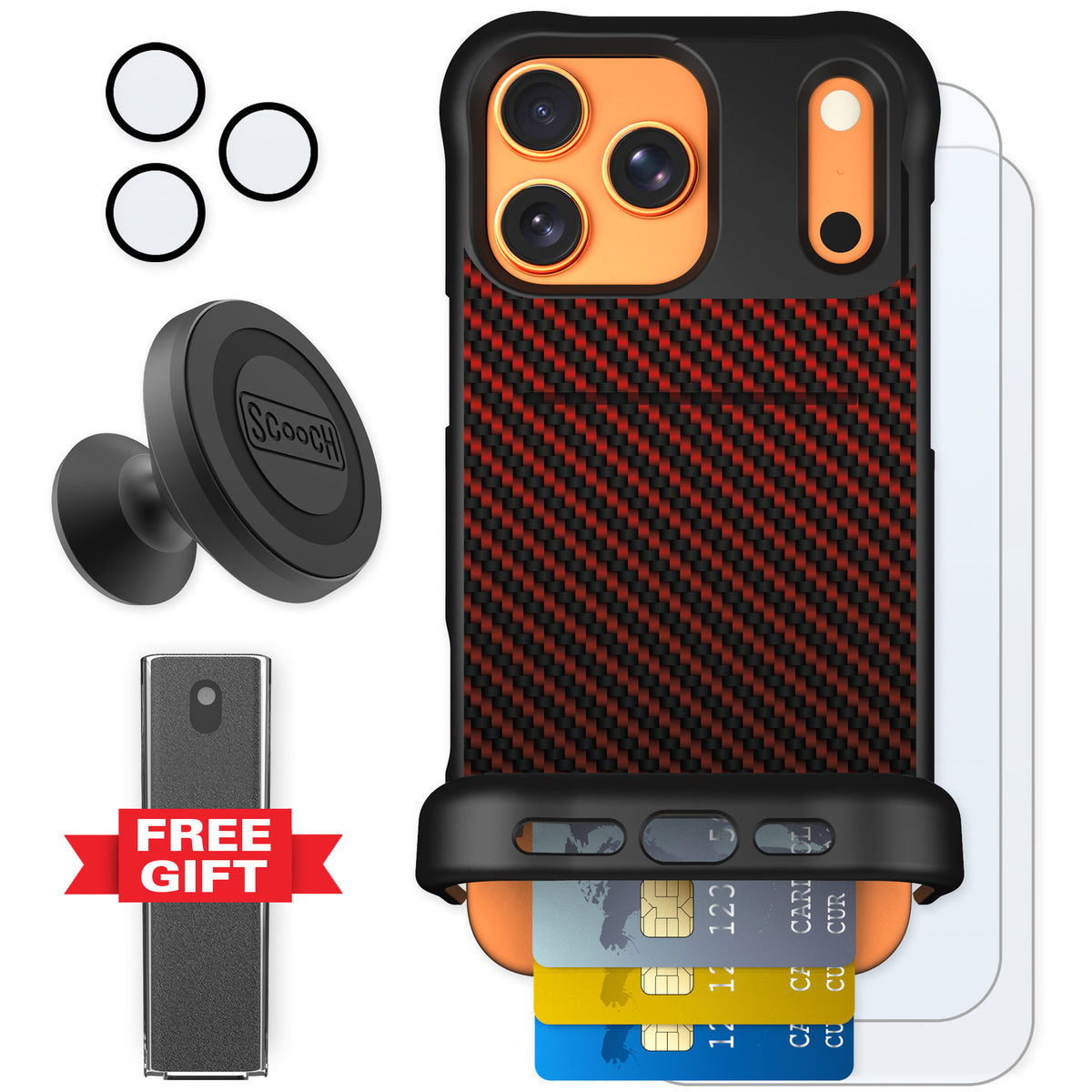 Scooch Wingmate Red Carbon Fiber for iPhone 17 Pro Max — Defender Bundle