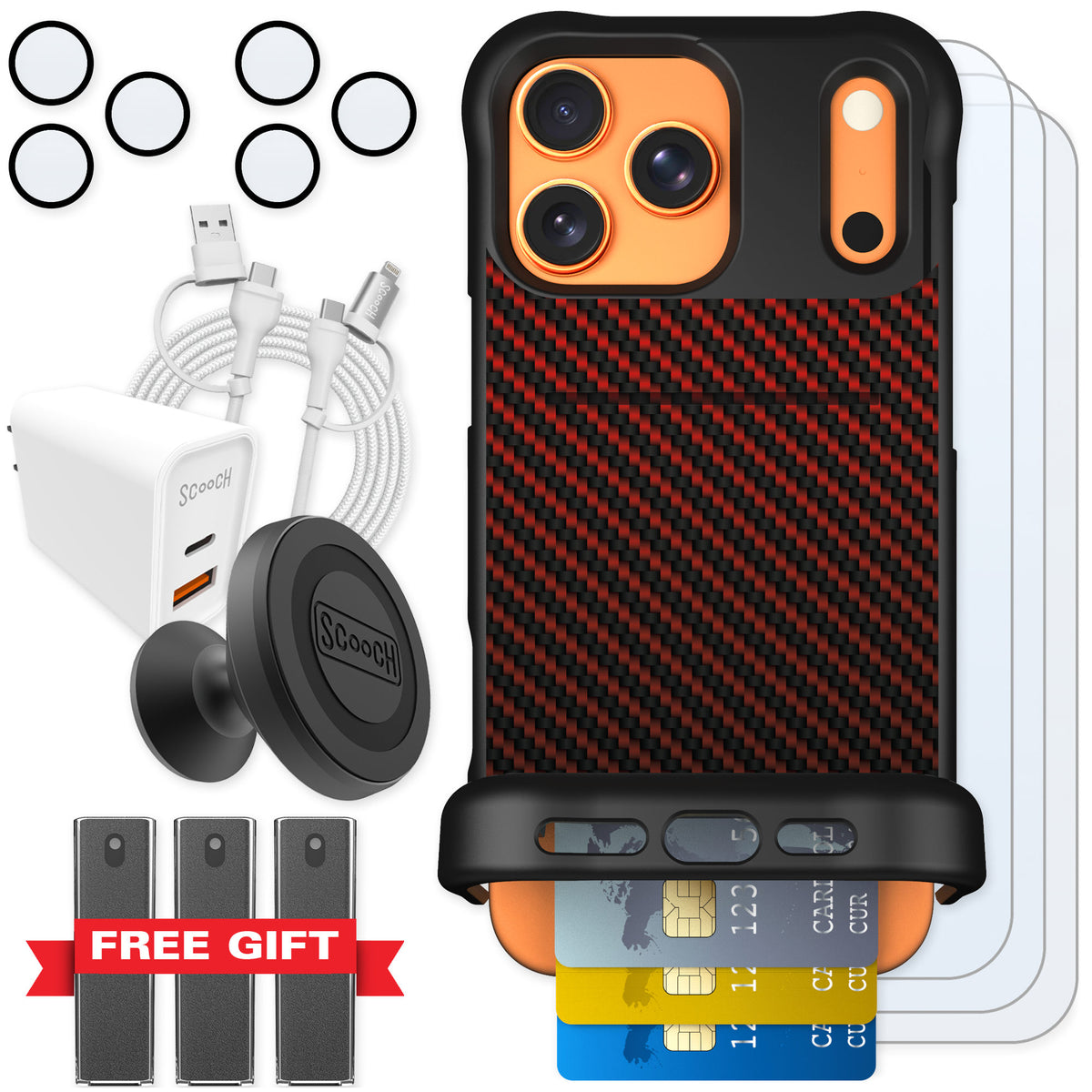 Scooch Wingmate Red Carbon Fiber for iPhone 17 Pro Max — Ultimate Bundle
