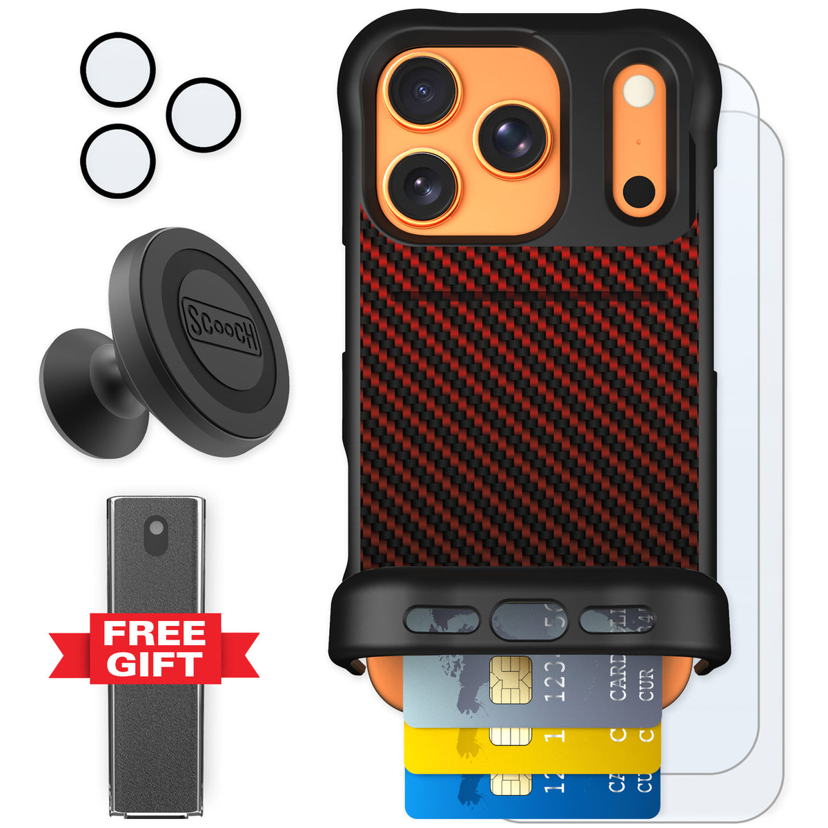 Scooch Wingmate Red Carbon Fiber for iPhone 17 Pro — Defender Bundle