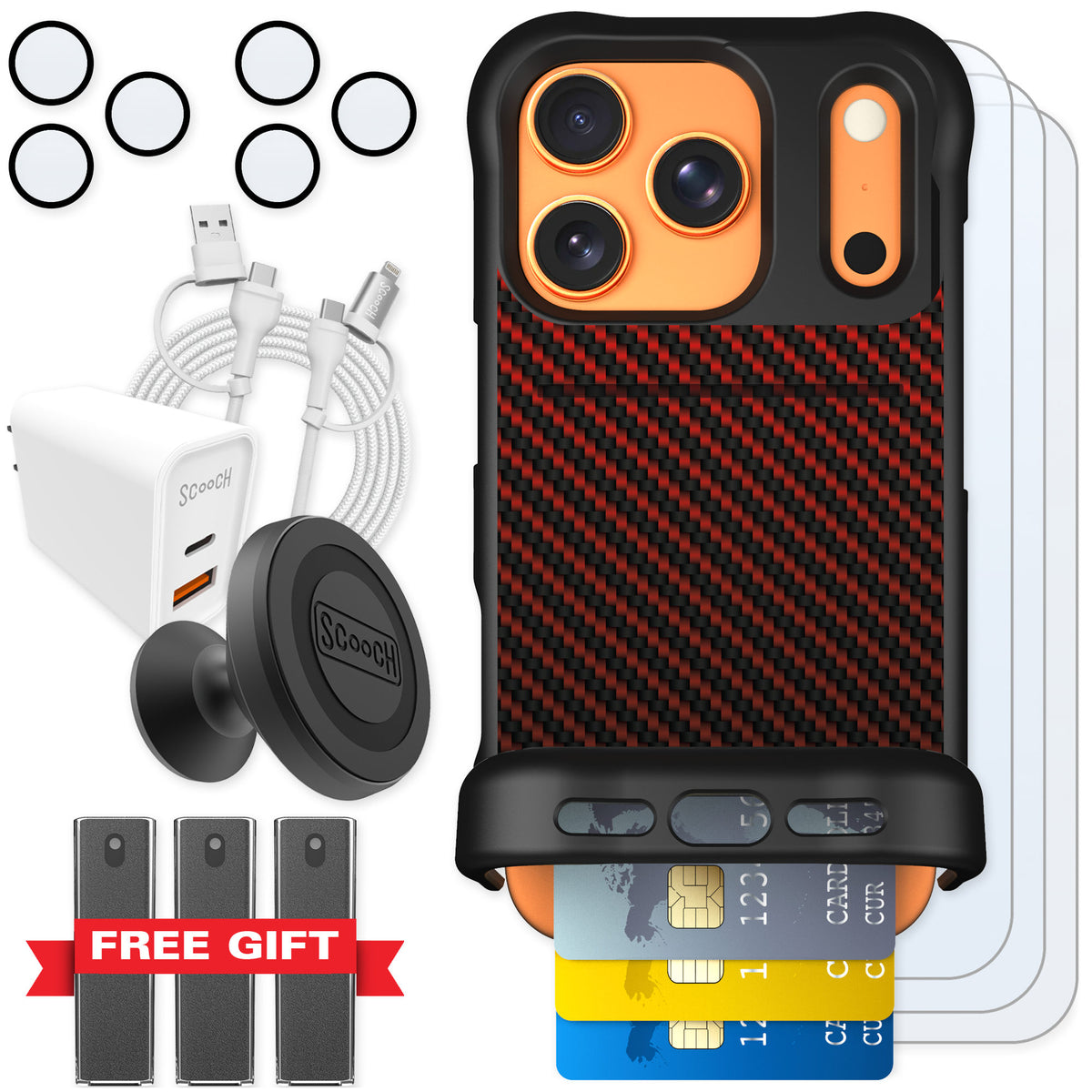 Scooch Wingmate Red Carbon Fiber for iPhone 17 Pro — Ultimate Bundle