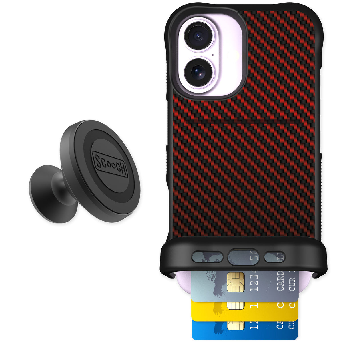 Scooch Wingmate Red Carbon Fiber for iPhone 17 — Starter Bundle