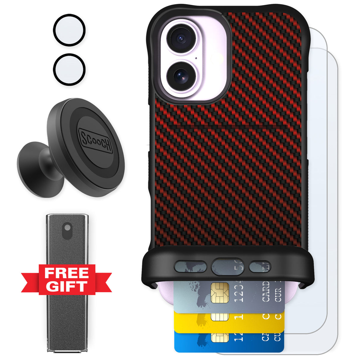 Scooch Wingmate Red Carbon Fiber for iPhone 17 — Defender Bundle