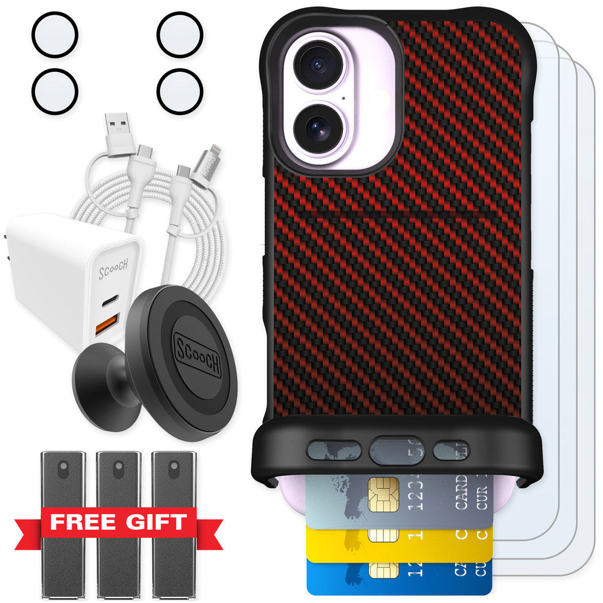 Scooch Wingmate Red Carbon Fiber for iPhone 17 — Ultimate Bundle