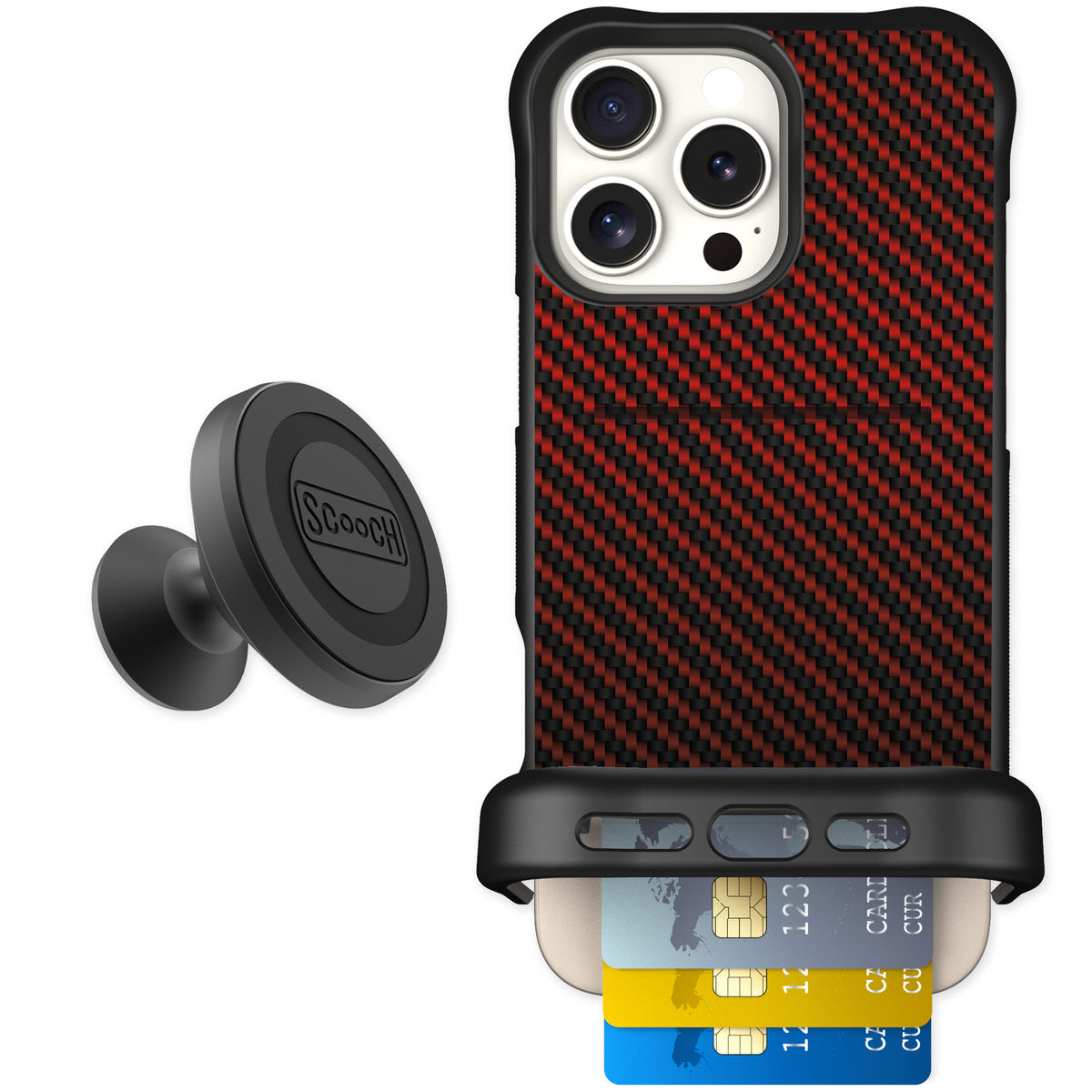 Scooch Wingmate Red Carbon Fiber for iPhone 16 Pro Max — Starter Bundle