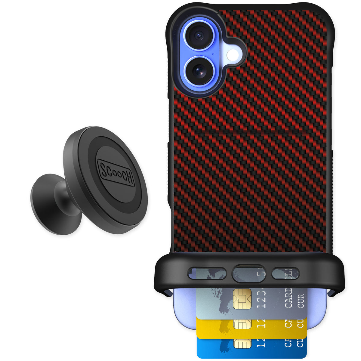 Scooch Wingmate Red Carbon Fiber for iPhone 16 Plus — Starter Bundle