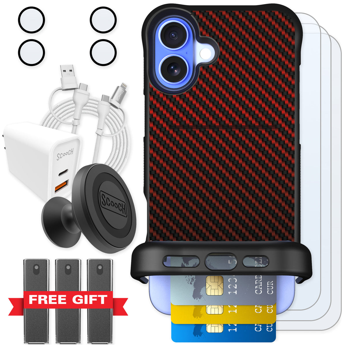 Scooch Wingmate Red Carbon Fiber for iPhone 16 Plus — Ultimate Bundle