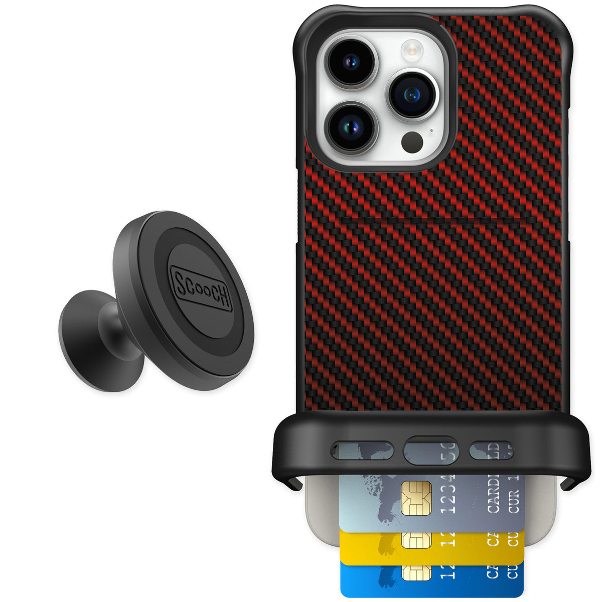 Scooch Wingmate Red Carbon Fiber for iPhone 15 Pro Max — Starter Bundle