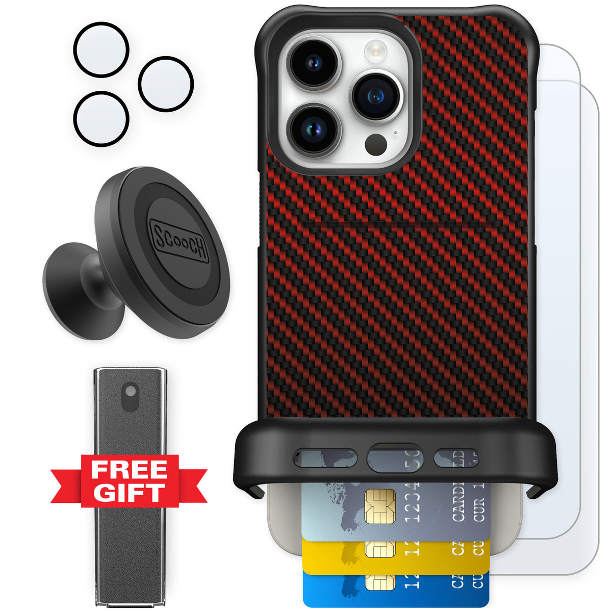 Scooch Wingmate Red Carbon Fiber for iPhone 15 Pro Max — Defender Bundle