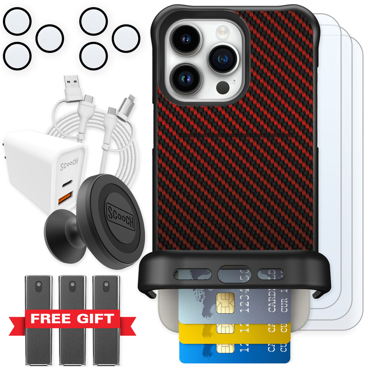 Scooch Wingmate Red Carbon Fiber for iPhone 15 Pro Max — Ultimate Bundle