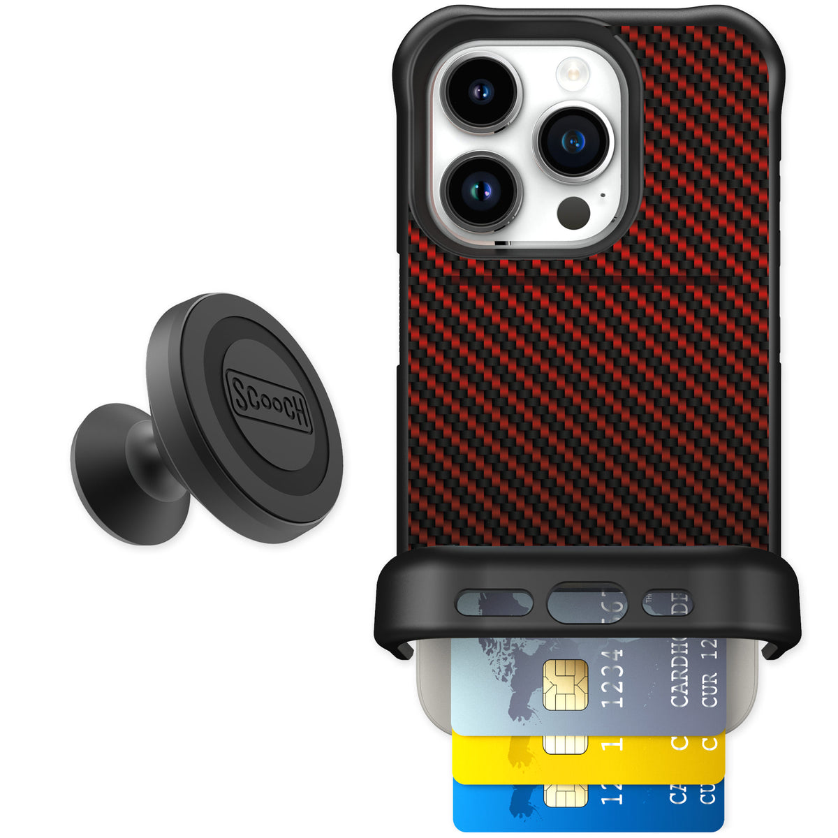 Scooch Wingmate Red Carbon Fiber for iPhone 15 Pro — Starter Bundle