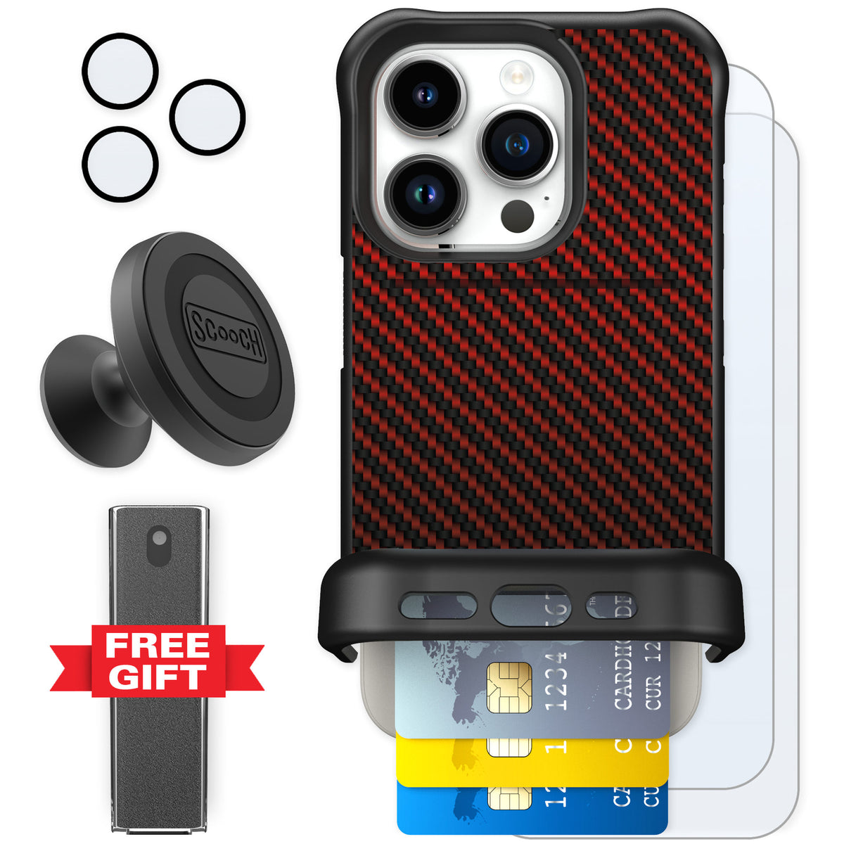Scooch Wingmate Red Carbon Fiber for iPhone 15 Pro — Defender Bundle