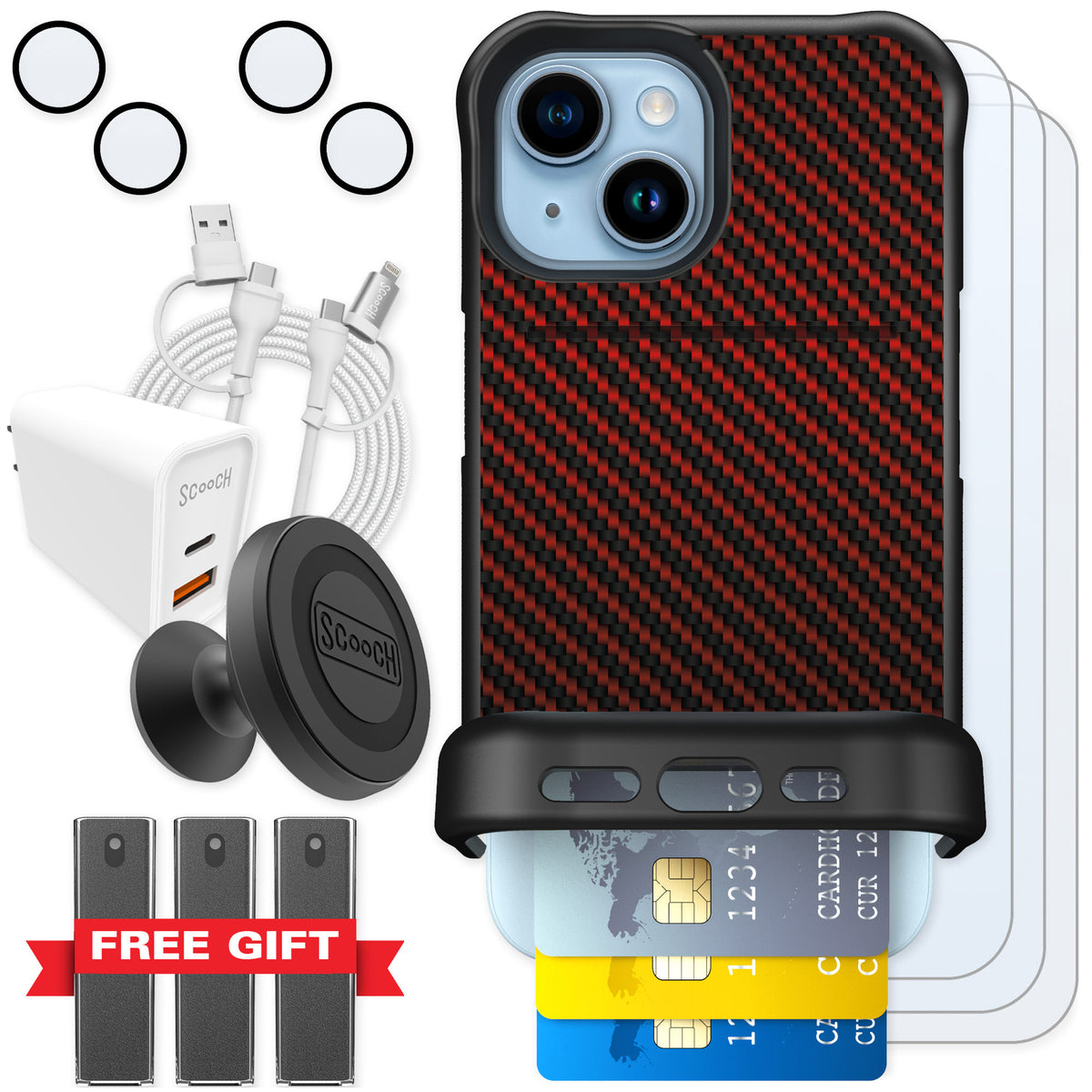 Scooch Wingmate Red Carbon Fiber for iPhone 15 — Ultimate Bundle