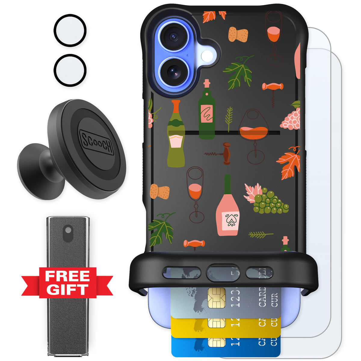 Scooch Wingmate Vino Vibes for iPhone 16 Plus — Defender Bundle