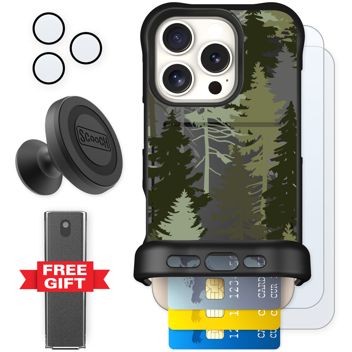 Scooch Wingmate Hidden Pines for iPhone 16 Pro — Defender Bundle