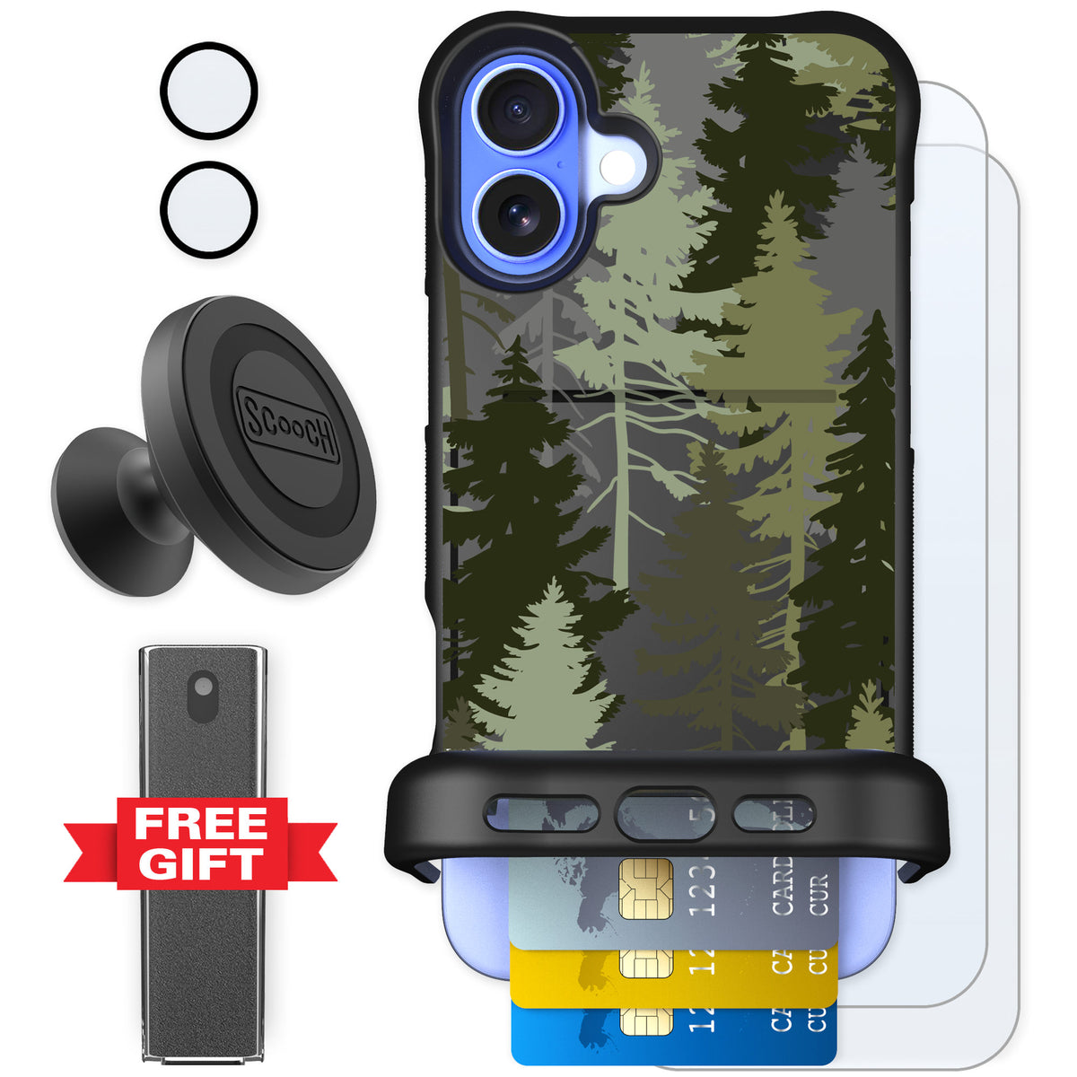 Scooch Wingmate Hidden Pines for iPhone 16 Plus — Defender Bundle