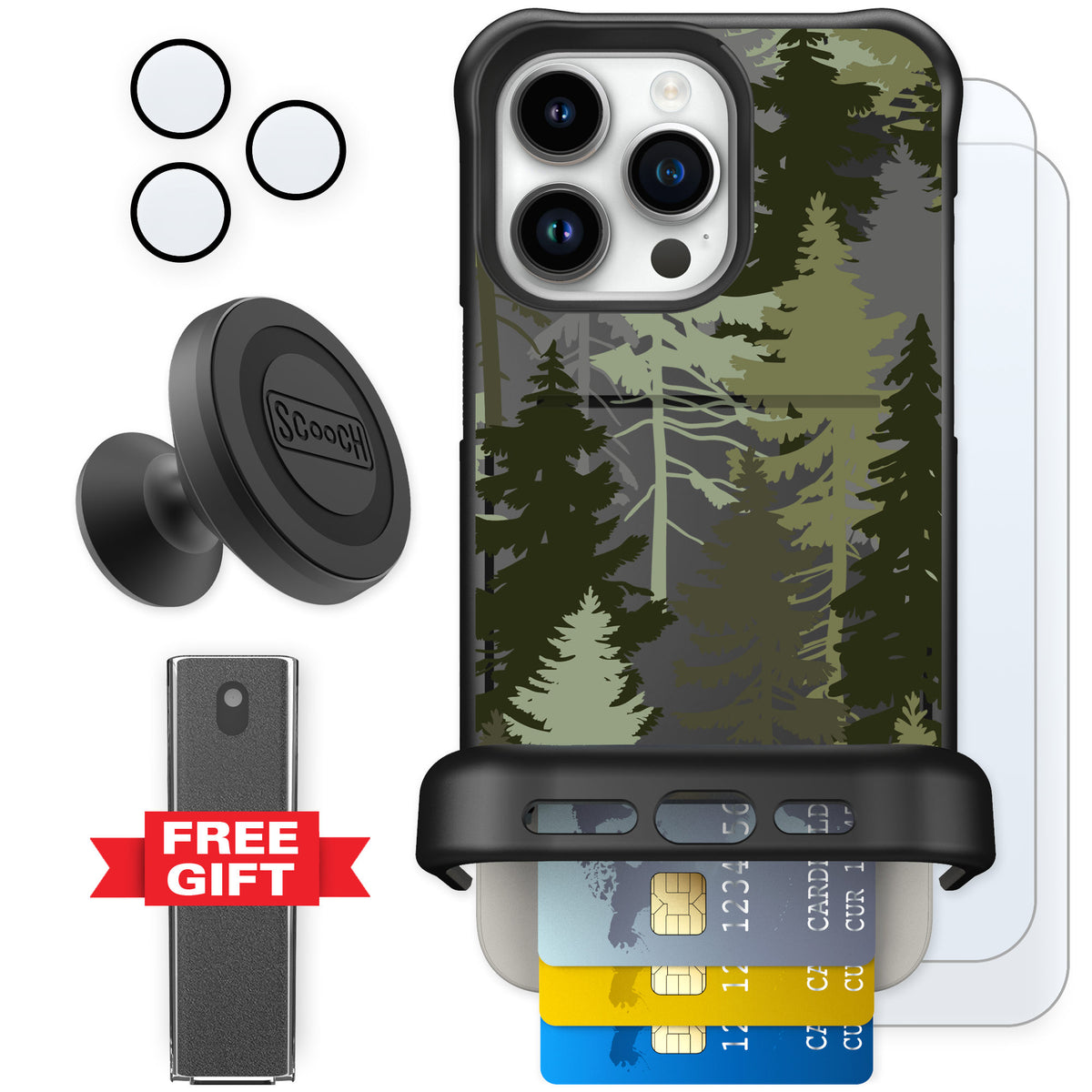 Scooch Wingmate Hidden Pines for iPhone 15 Pro Max — Defender Bundle