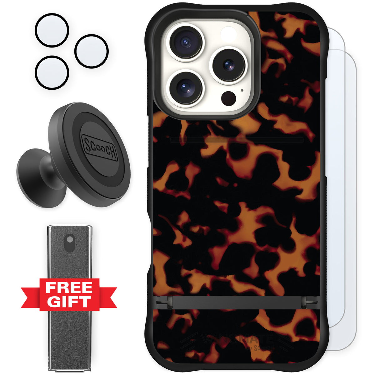 Scooch Wingmate Tortoise Shell for iPhone 16 Pro — Defender Bundle