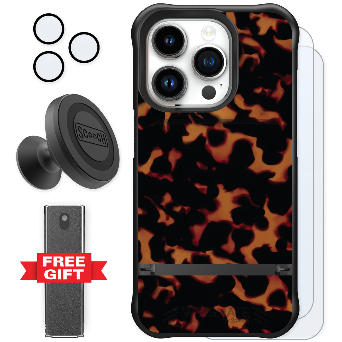 Scooch Wingmate Tortoise Shell for iPhone 15 Pro — Defender Bundle