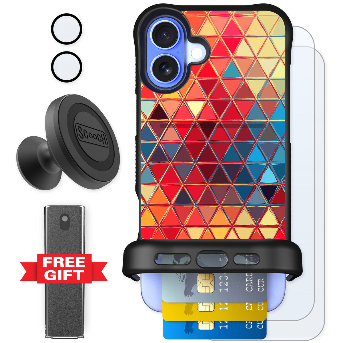 Scooch Wingmate Festive Glass for iPhone 16 Plus — Defender Bundle