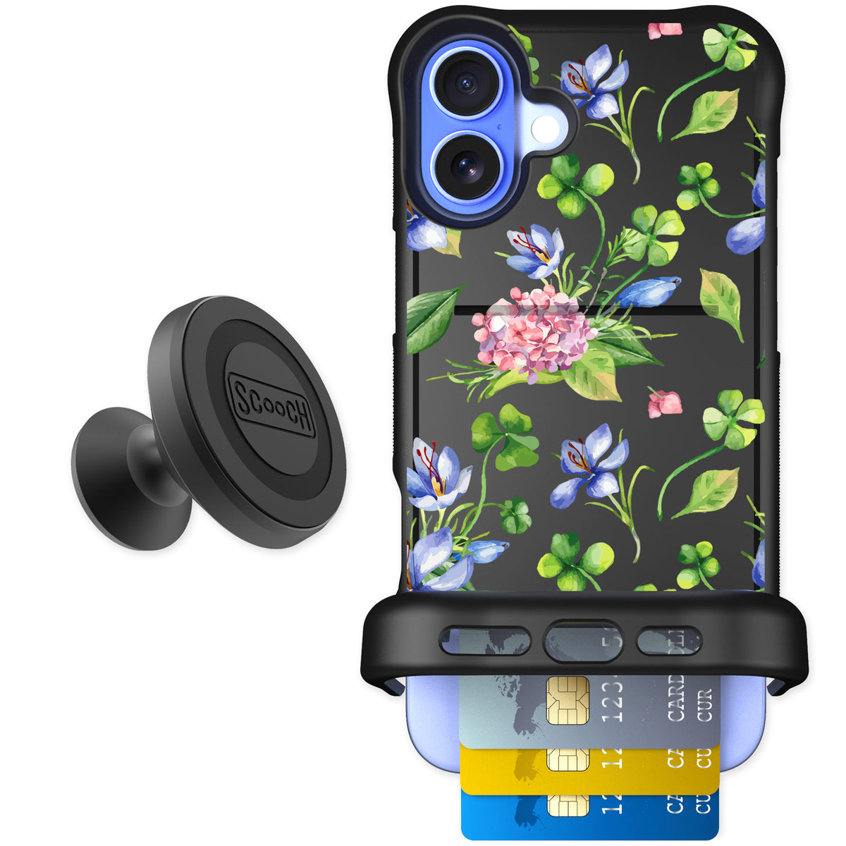 Scooch Wingmate Lucky Hydrangea for iPhone 16 Plus — Starter Bundle