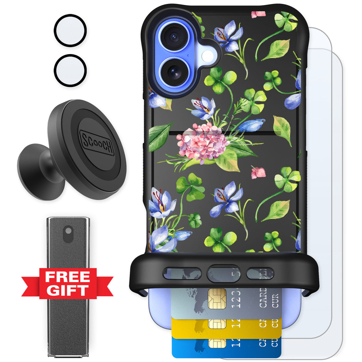Scooch Wingmate Lucky Hydrangea for iPhone 16 Plus — Defender Bundle