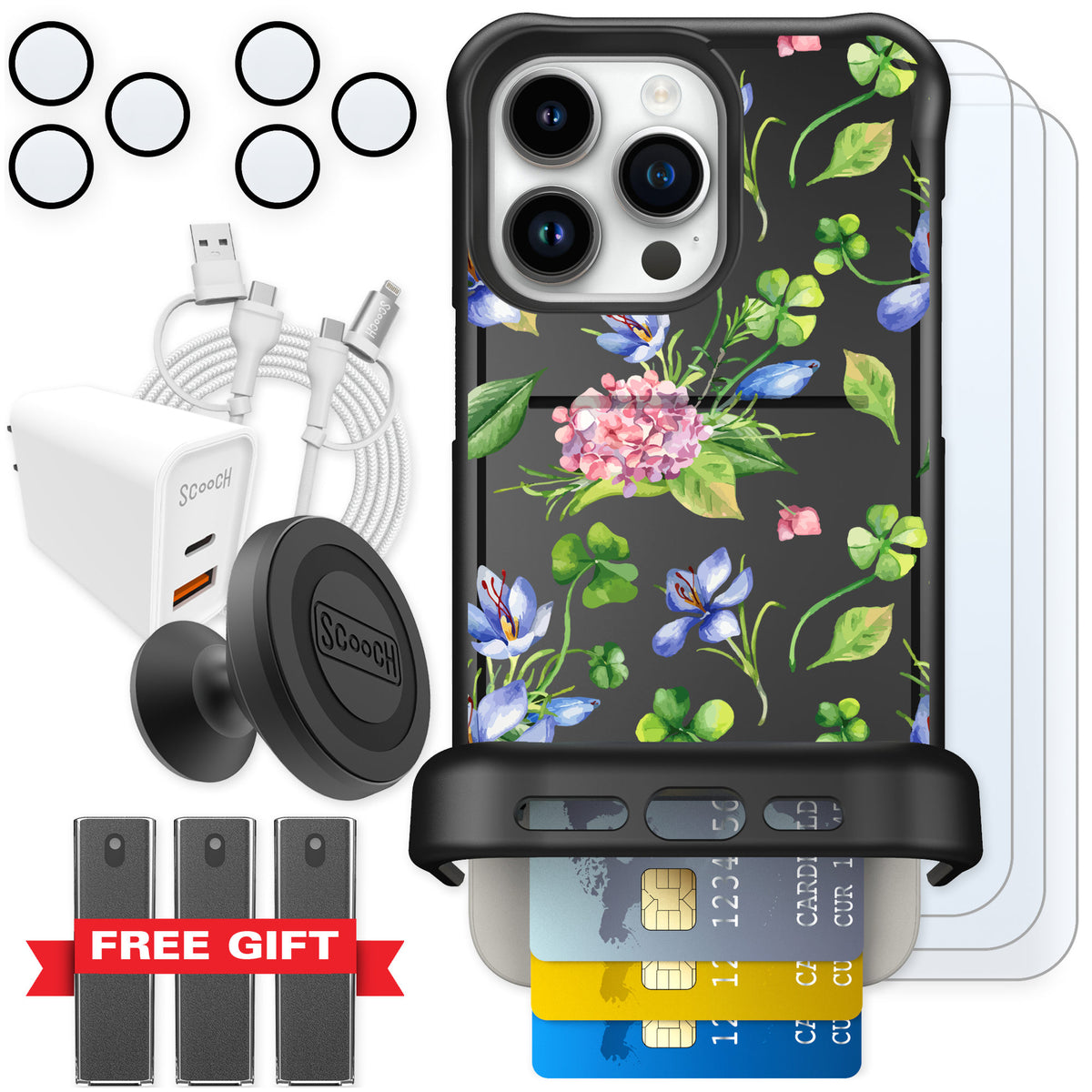 Scooch Wingmate Lucky Hydrangea for iPhone 15 Pro Max — Ultimate Bundle
