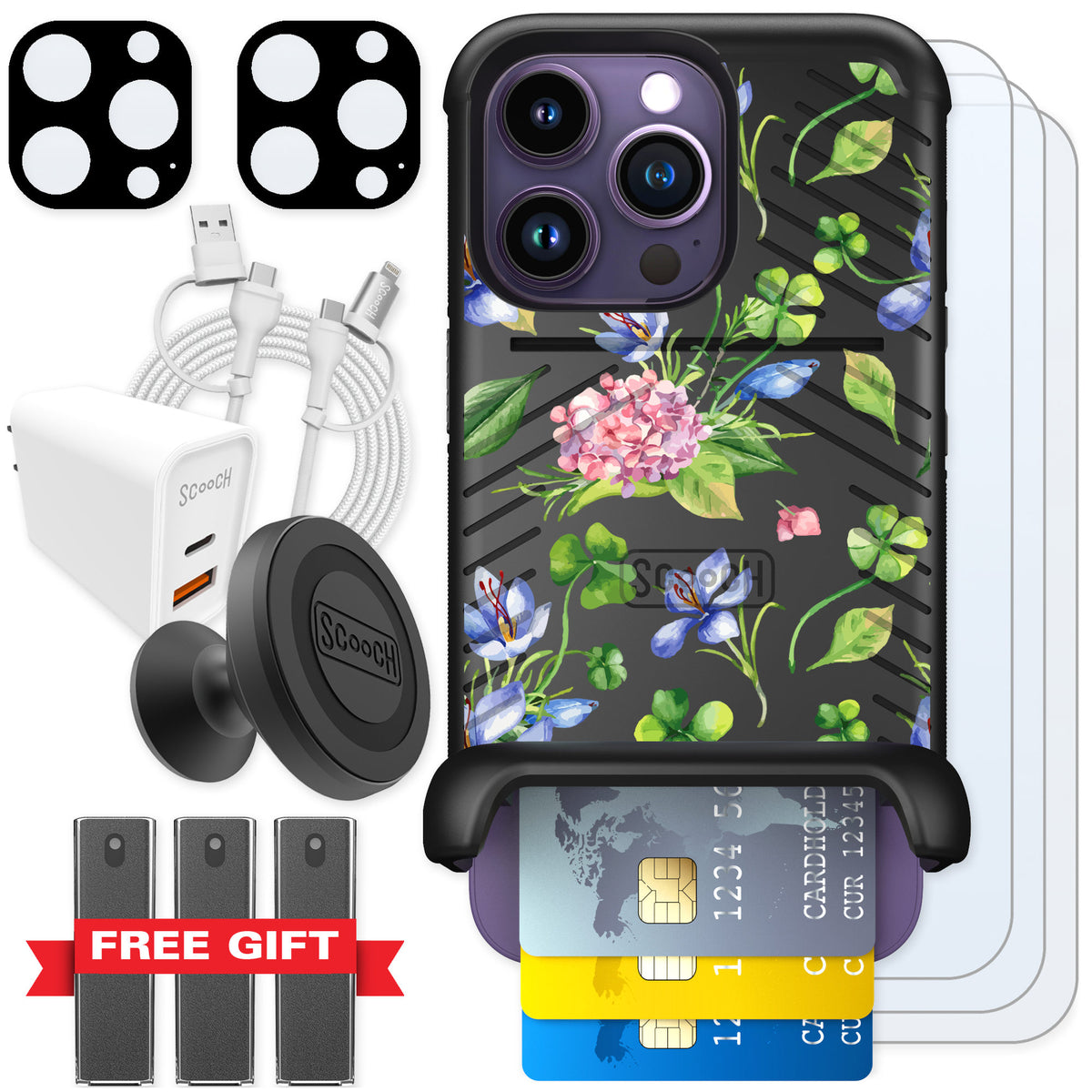 Scooch Wingmate Lucky Hydrangea for iPhone 14 Pro — Ultimate Bundle