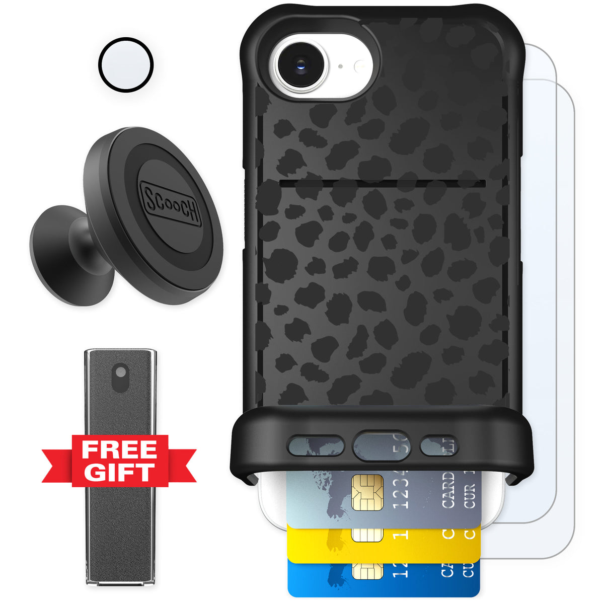 Scooch Wingmate Black Leopard for iPhone 16e — Defender Bundle
