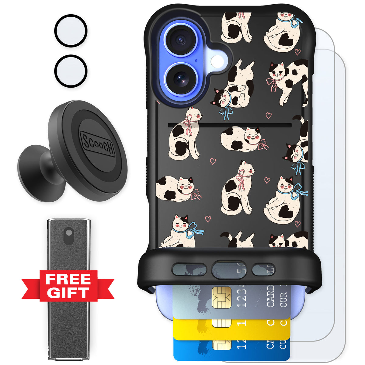 Scooch Wingmate Bow Kitties for iPhone 16 — Defender Bundle
