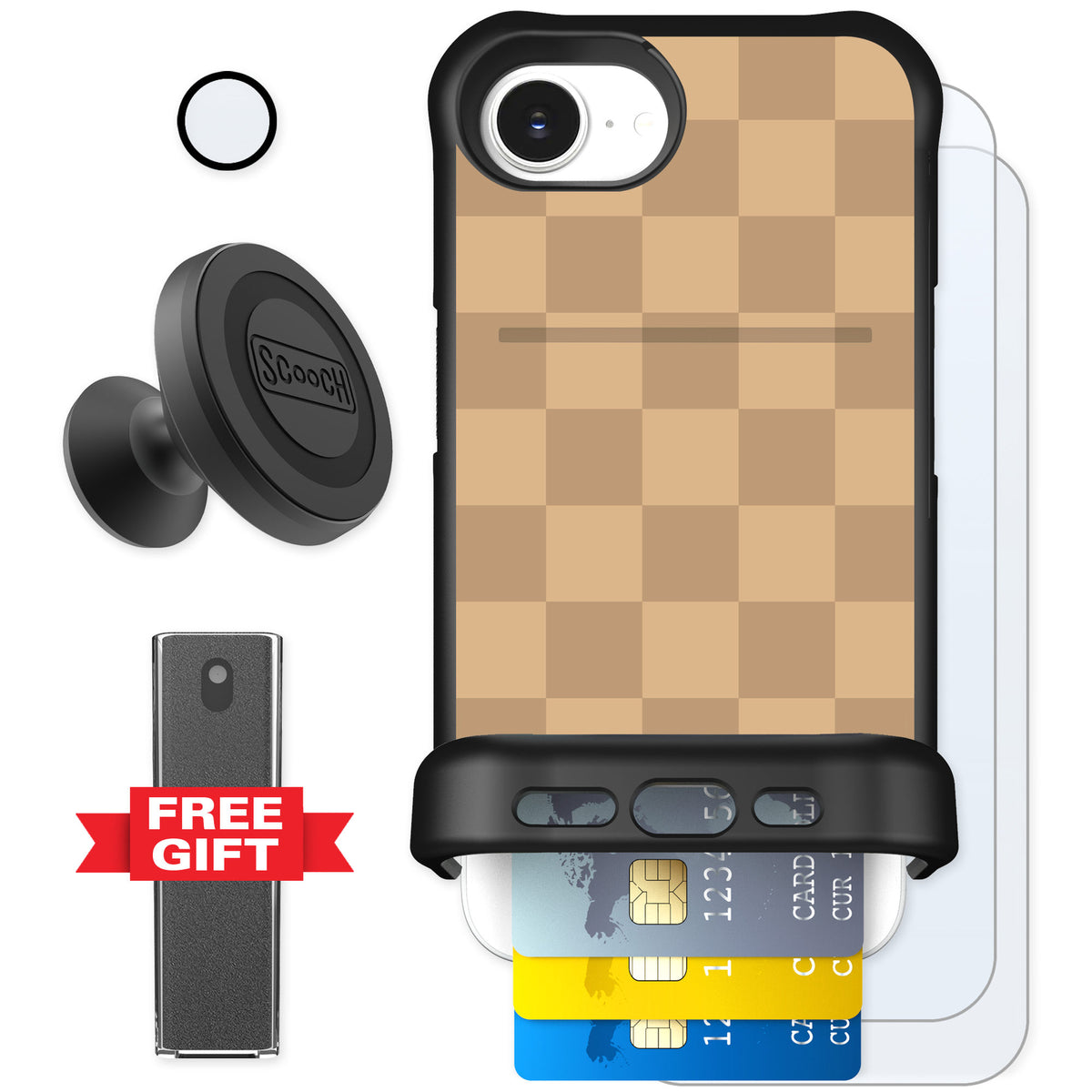 Scooch Wingmate Checkered Beige for iPhone 17e — Defender Bundle