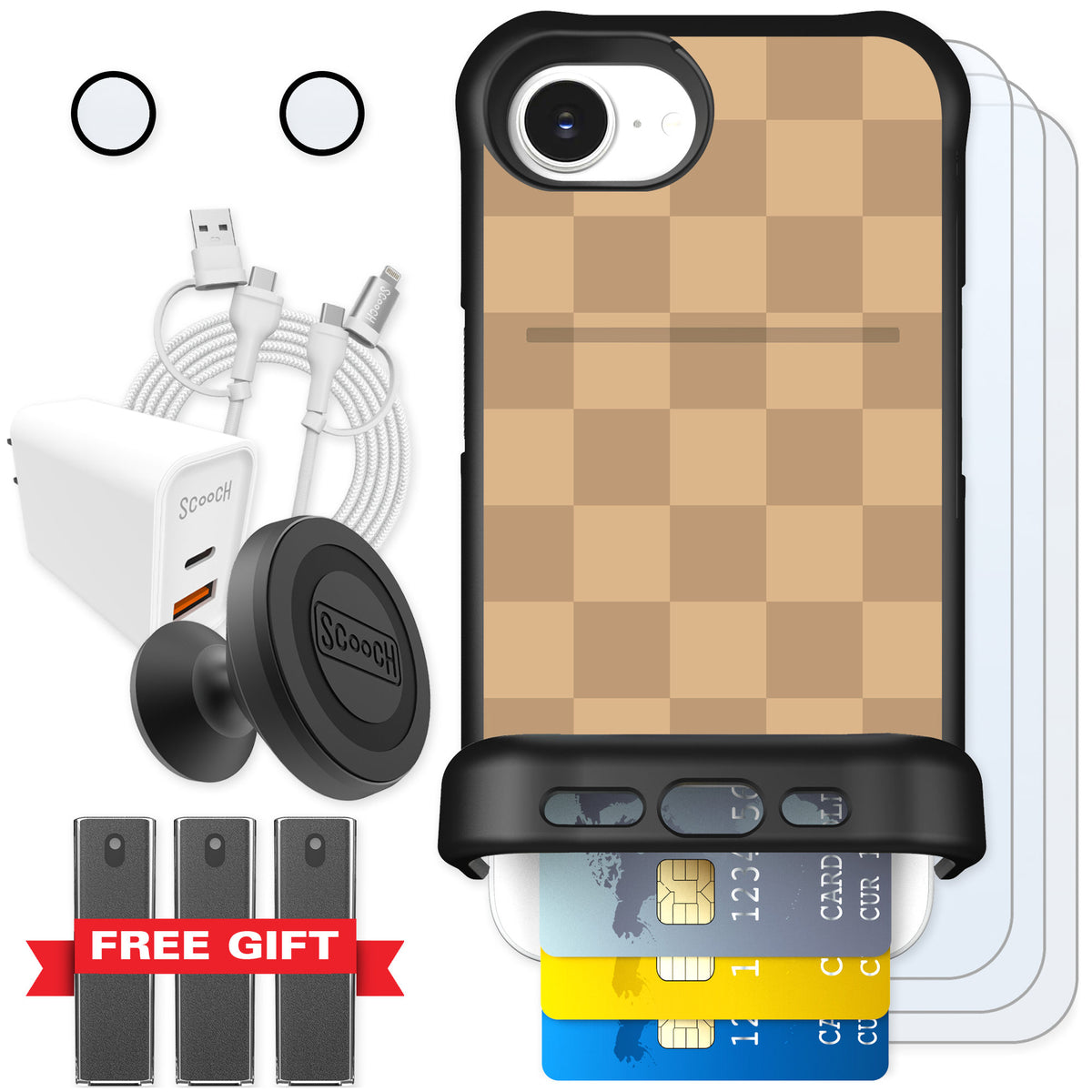 Scooch Wingmate Checkered Beige for iPhone 17e — Ultimate Bundle