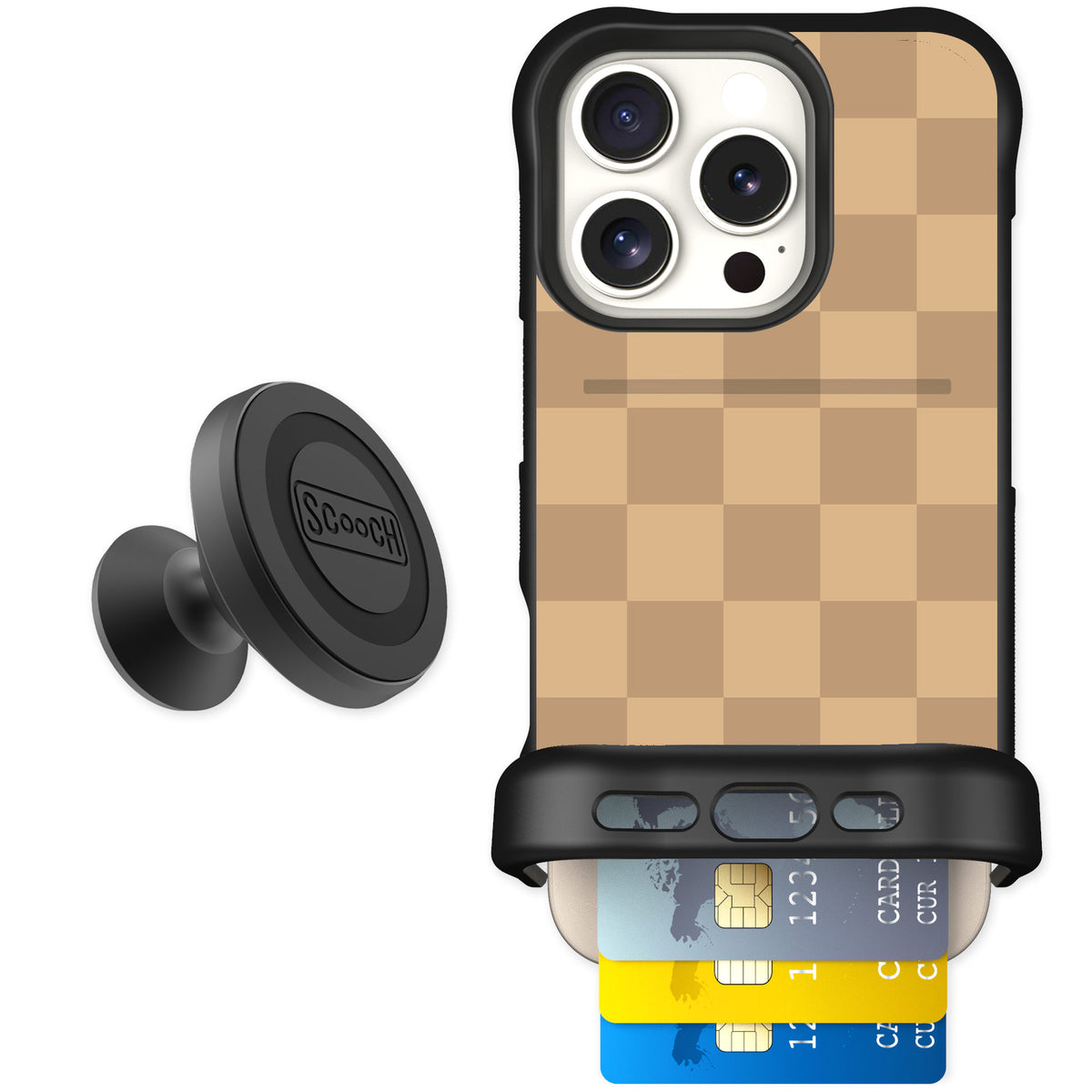Scooch Wingmate Checkered Beige for iPhone 16 Pro — Starter Bundle