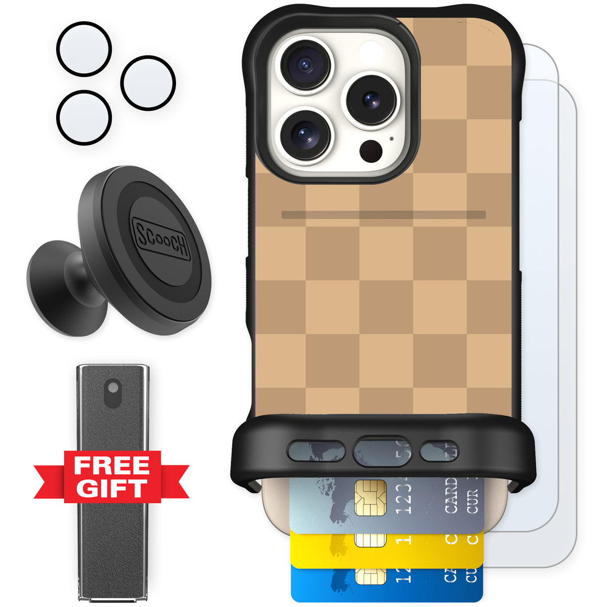 Scooch Wingmate Checkered Beige for iPhone 16 Pro — Defender Bundle