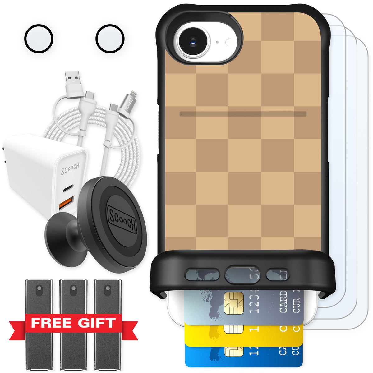 Scooch Wingmate Checkered Beige for iPhone 16e — Ultimate Bundle