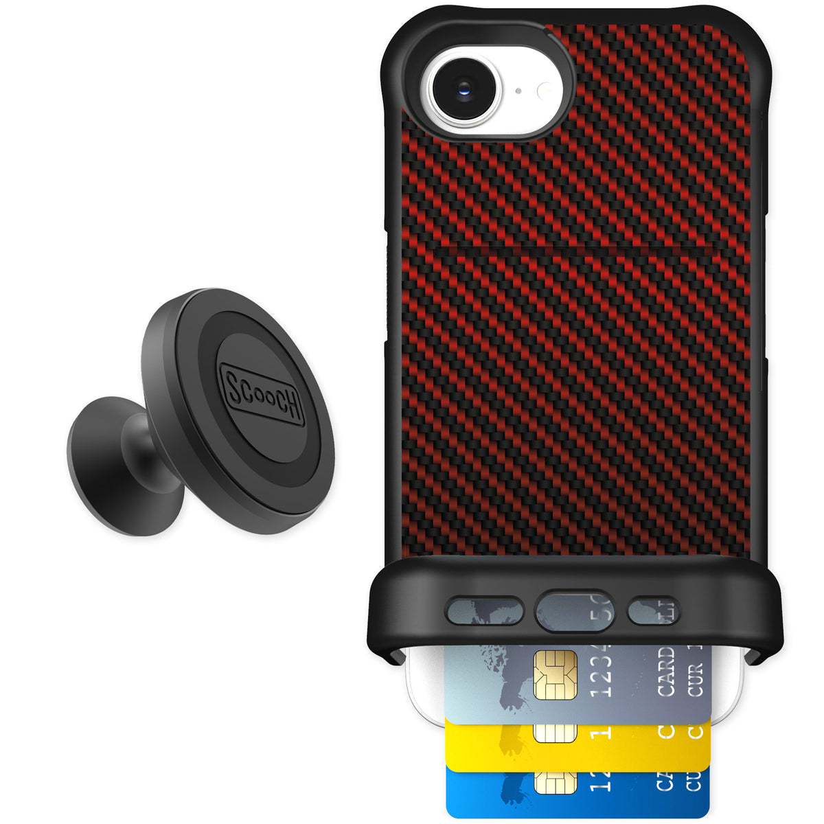 Scooch Wingmate Red Carbon Fiber for iPhone 17e — Starter Bundle