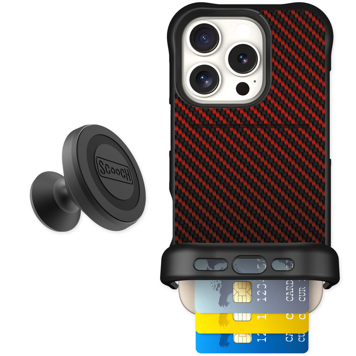 Scooch Wingmate Red Carbon Fiber for iPhone 16 Pro — Starter Bundle