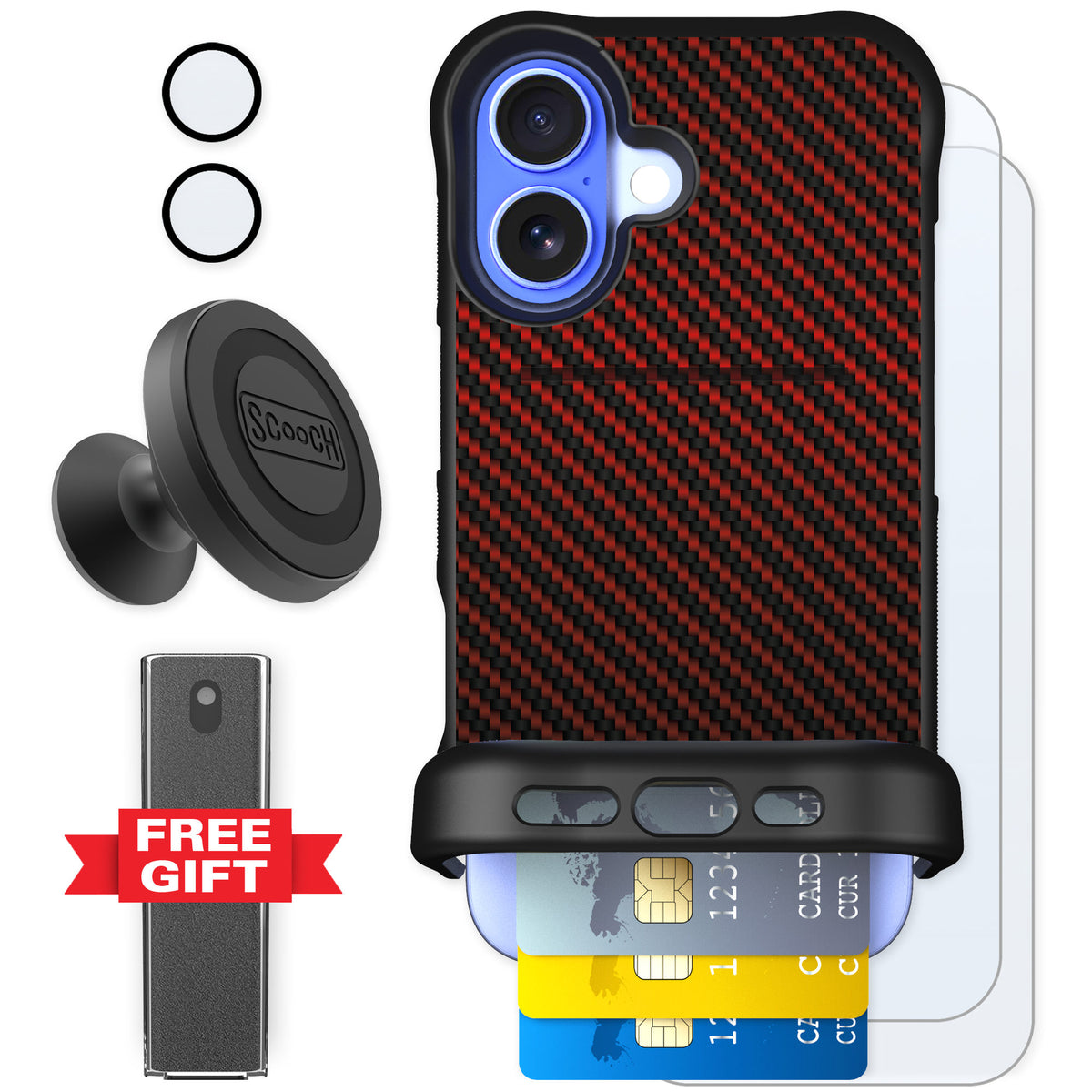Scooch Wingmate Red Carbon Fiber for iPhone 16 — Defender Bundle
