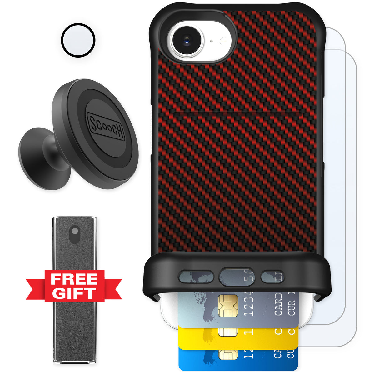 Scooch Wingmate Red Carbon Fiber for iPhone 16e — Defender Bundle