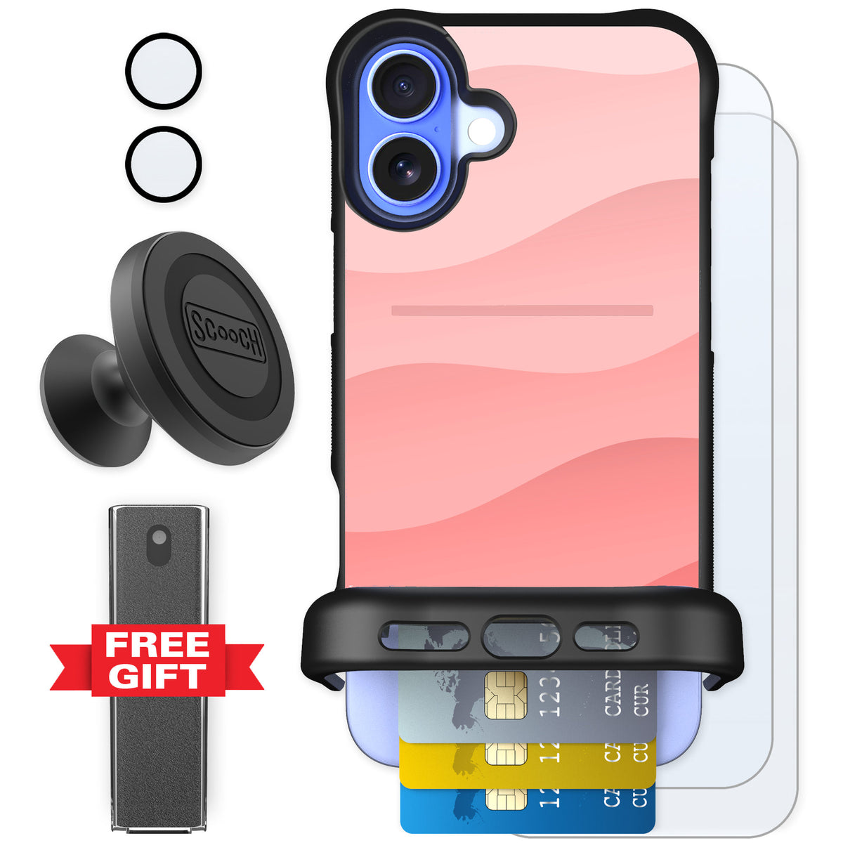 Scooch Wingmate Pink Waves for iPhone 16 Plus — Defender Bundle